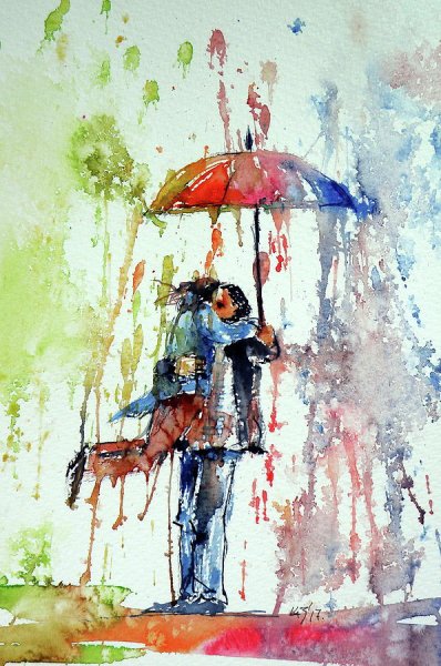 Акварель люди под зонтом