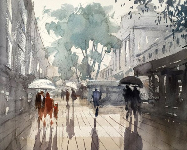 Дождливый день акварелью