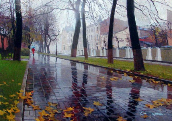 Лужи в городе живопись