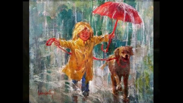 Дети под дождем живопись