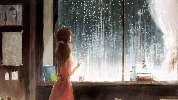 Картинка девочки, которая читает книгу и дождь за окном