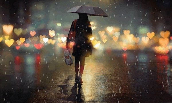 Девушка под зонтом в дождь со спины