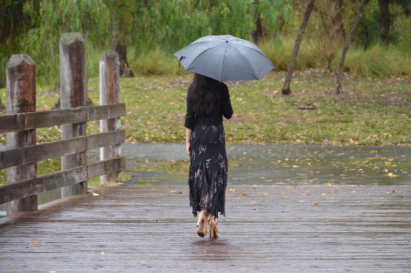 Женщина на прогулке под дождём