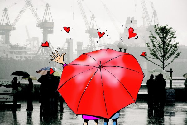 Красный зонт под дождем