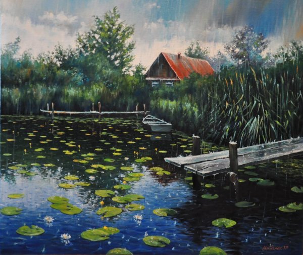 Летний дождь в деревне живопись