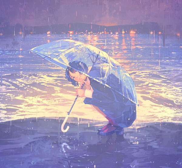 Аниме арт под дождем