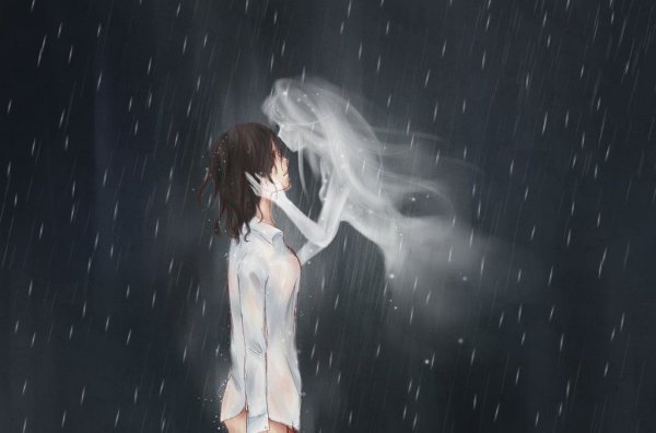 Аниме парень плачет под дождем