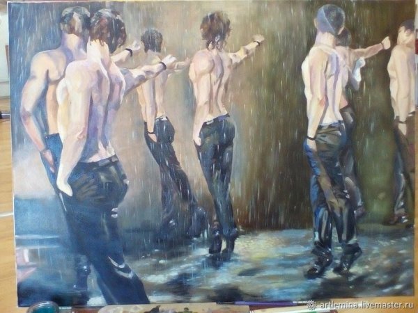 Голые люди в одной картине под дождём картина