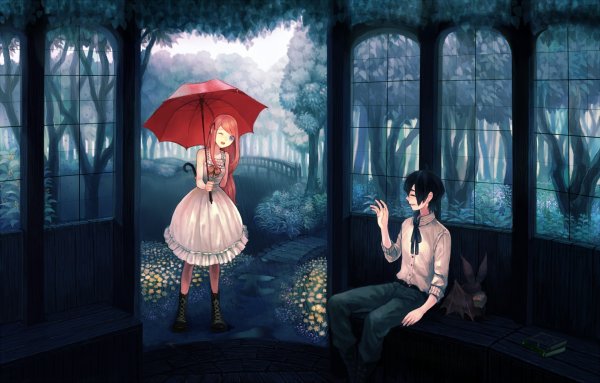 Аниме парень и девушка под дождем