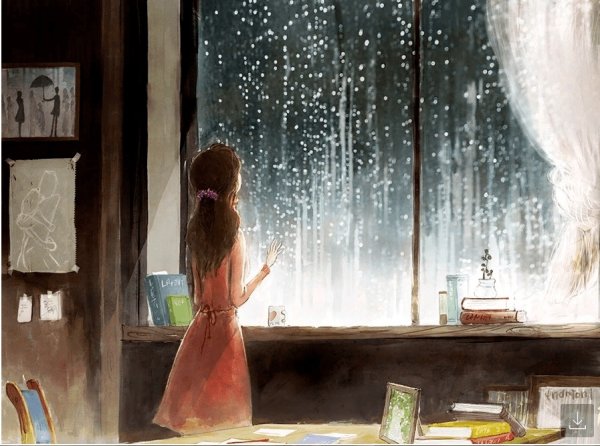 Девушка за окном дождь