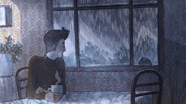 Мужчина смотрит в окно дождь