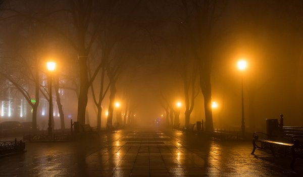 Город в тумане ночью