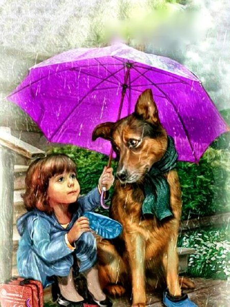 Девочка с собакой под дождем