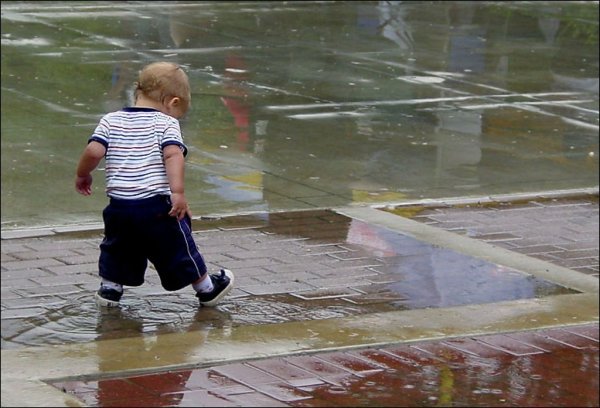 Дети бегают по лужам