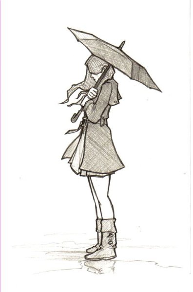 Девушка под дождем карандашом