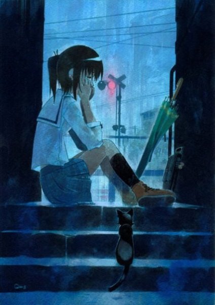 Сидит под дождем аниме