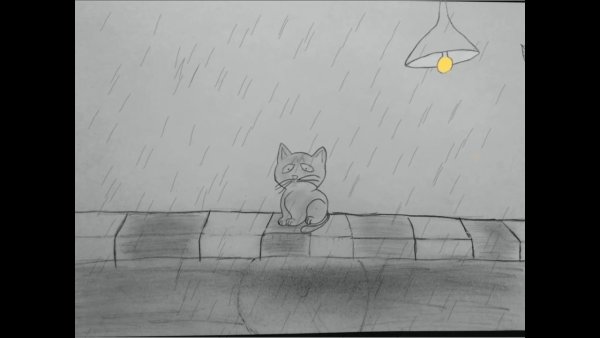 Рисование котенок под дождем