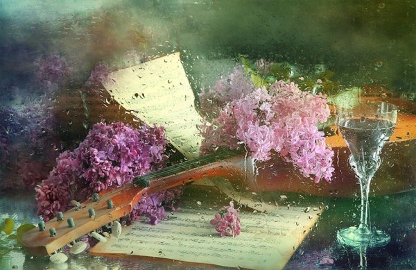 Гитара и сирень натюрморт