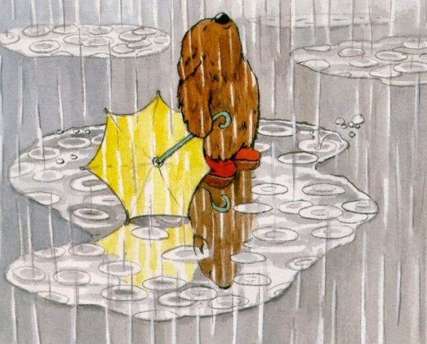 Грустный Медвежонок под дождем