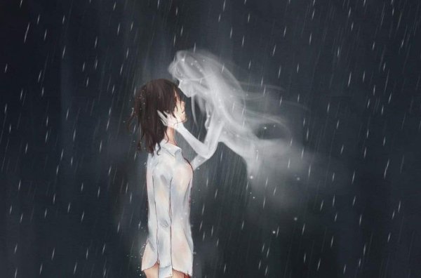 Аниме парень плачет под дождем