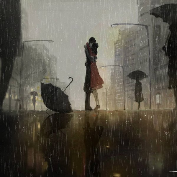Парень и девушка под дождем арт