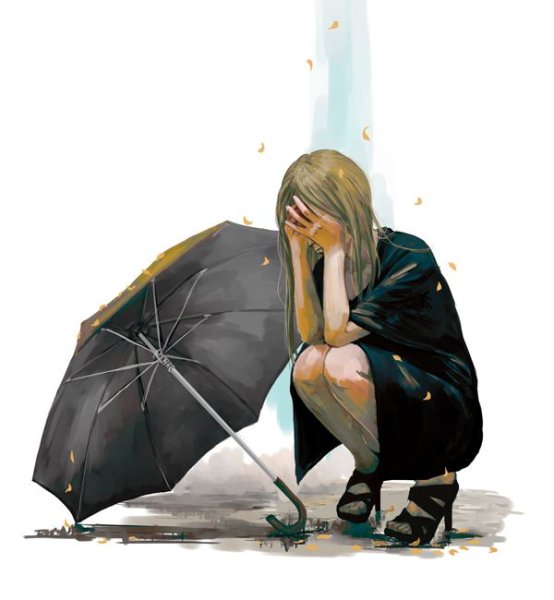 Девочка сидит под дождем