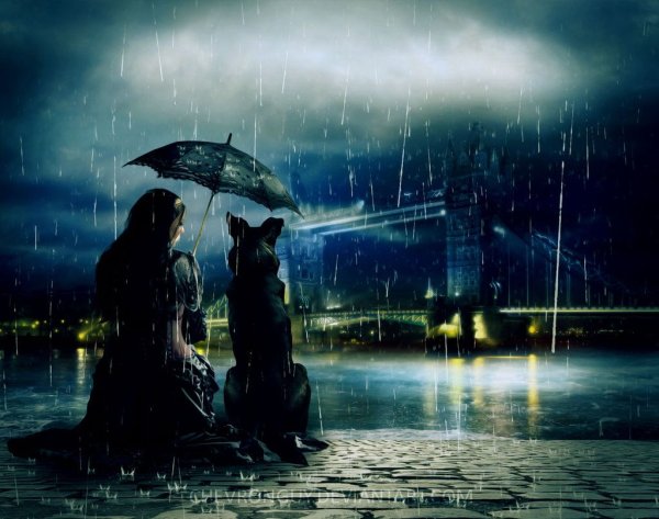 Девушка с собакой под дождем