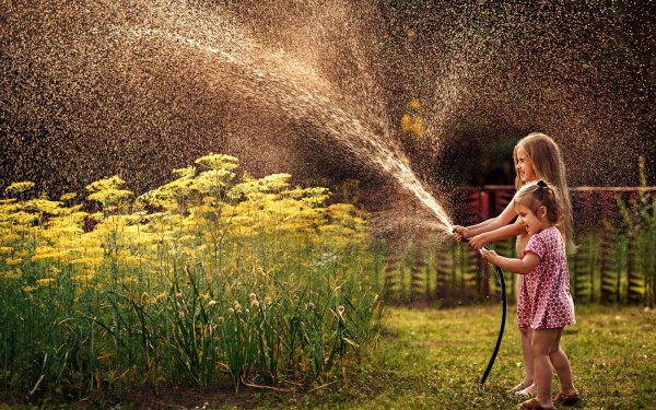 Дети поливают