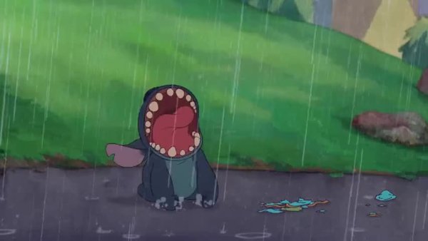 Стич плачет под дождем