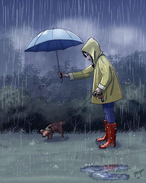 Девочка с собакой под дождем