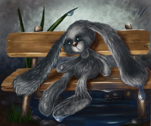 Зайка на скамейке