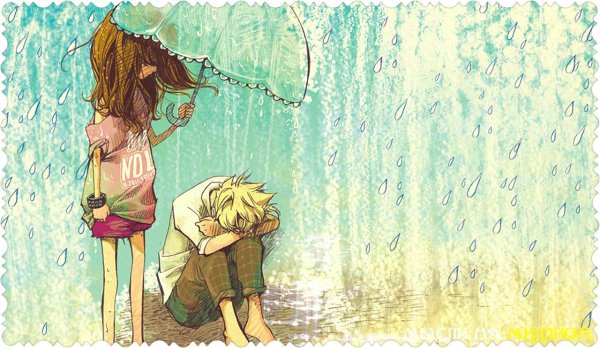 Мальчик и девочка под дождем