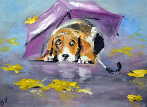 Собака под дождём живопись