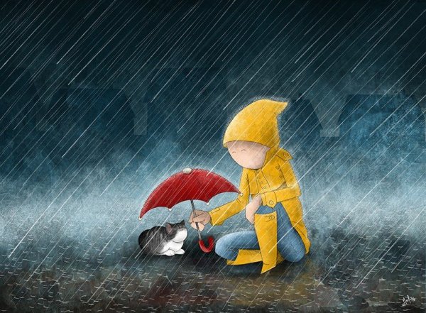 Девочка и кот под дождем