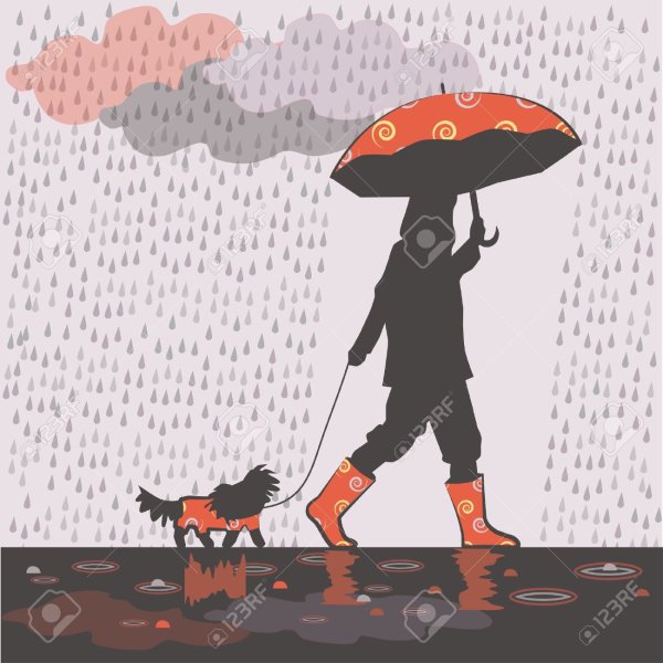 Человек с собакой под зонтом