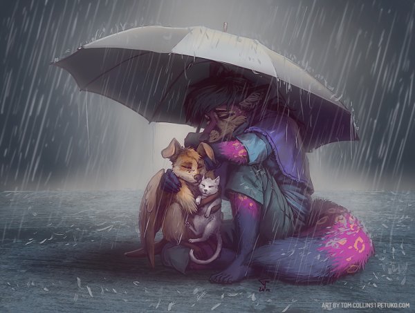 Девочка с собакой под дождем