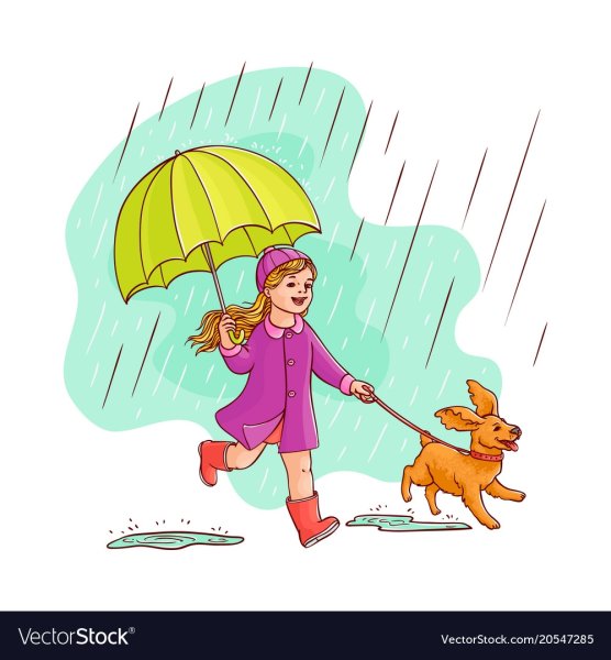 Иллюстрации ребенок и собака под зонтом