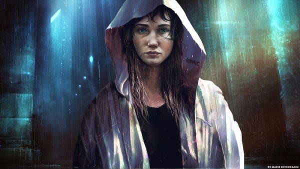 Девушка в плаще под дождем