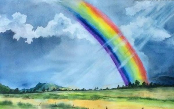 Пейзаж с радугой акварелью