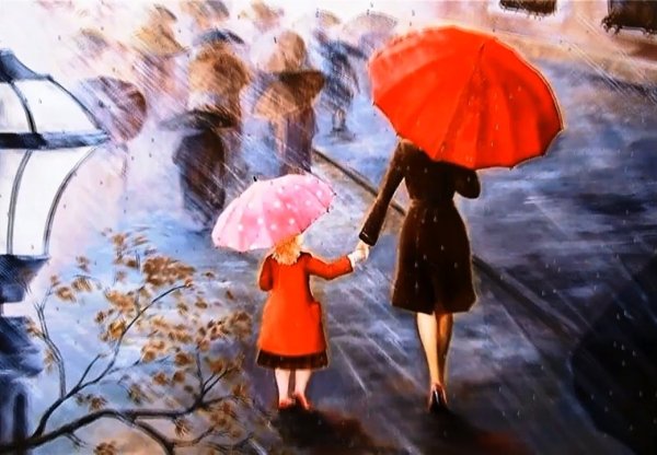 Мама с дочкой под зонтом