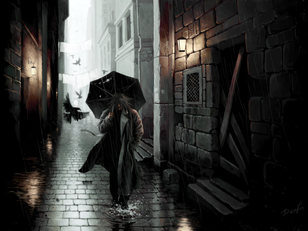 Человек в плаще под дождем