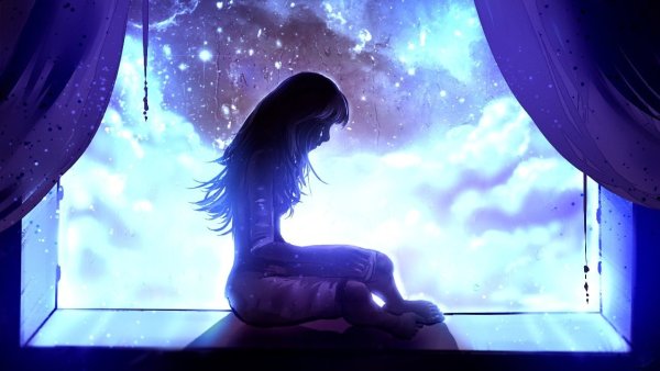 Аниме сидит на подоконнике