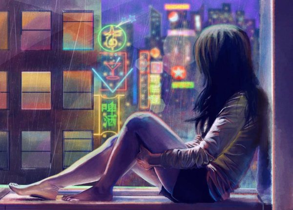 Девушка сидит на подоконнике арт