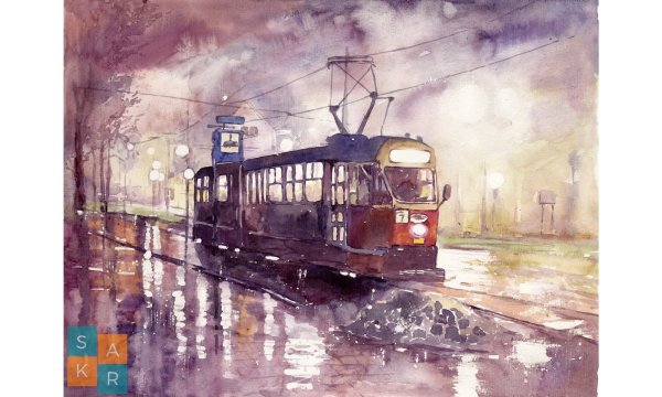 Старый трамвай акварель