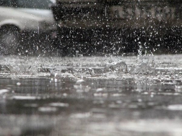 Сильный дождь по лужам