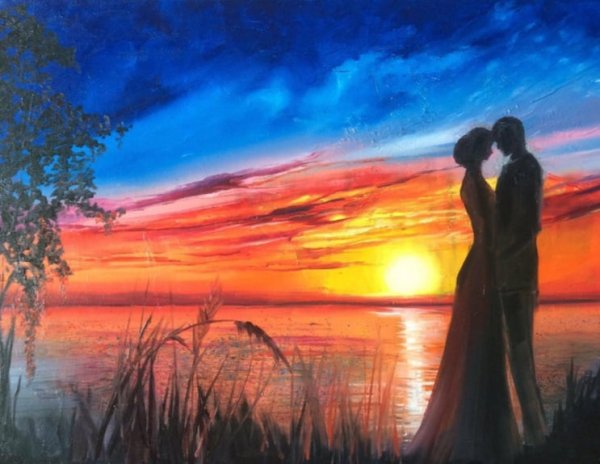 Пара влюбленных и красочный закат картина