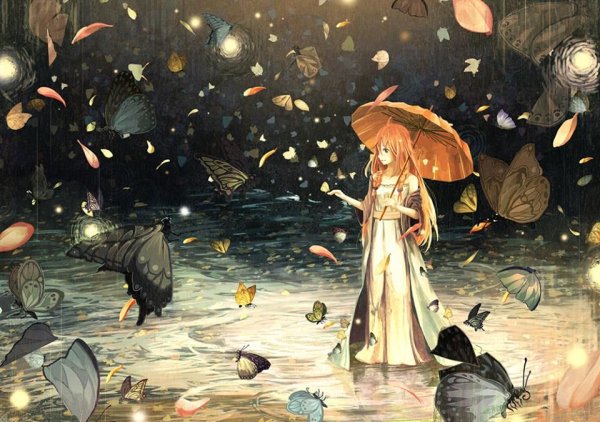 Девушка с зонтиком аниме осень