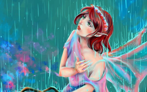 Рыжая девушка под дождем арт