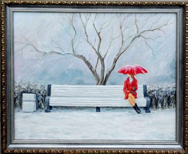 Живопись художников - одинокая скамейка осенняя