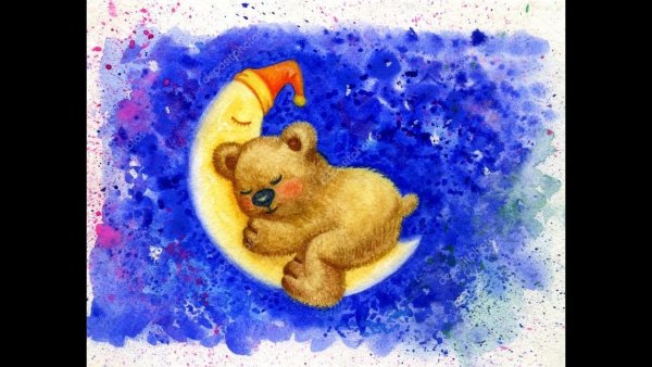 Мишка на месяце акварель